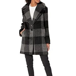 Kensie Black/Gray Plaid Wool Cocoon Coat, S